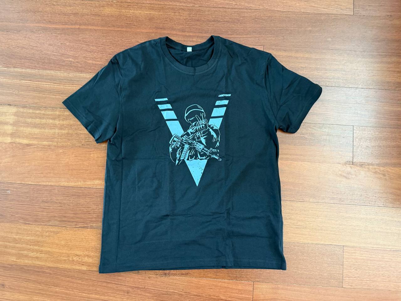 Black T-Shirt with Russian Soldier and Army Symbol - Front Print (Size XL)